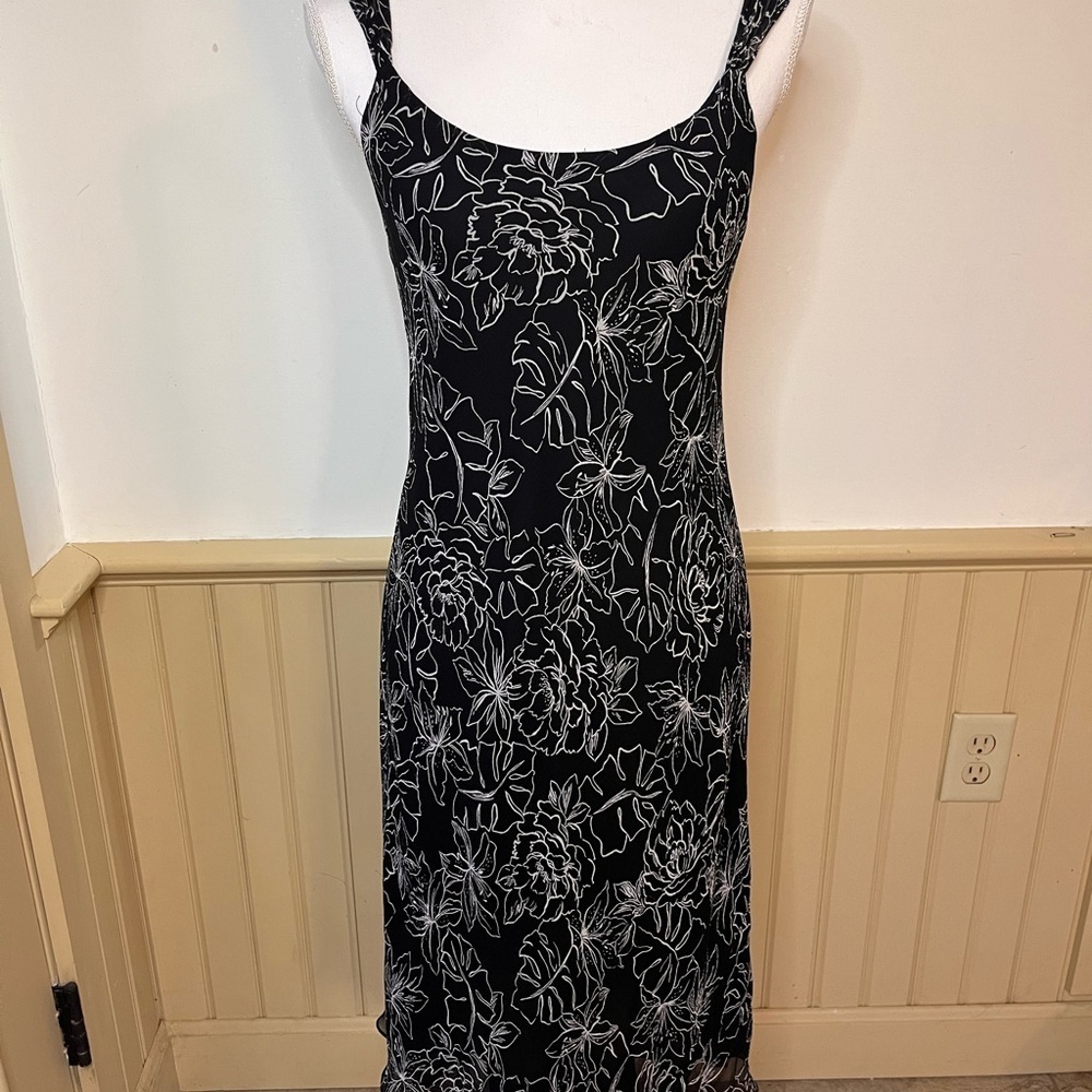 Y2K Silk Floral Slip Dress Jones NY Sz 6 Black White Chiffon Midi Wedding Party